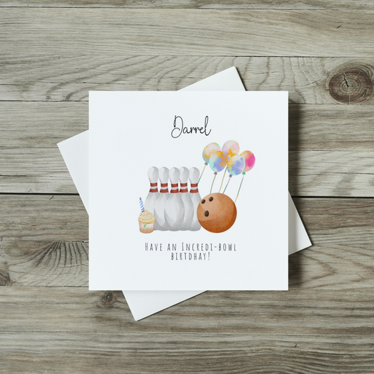 front of bowling birthday card with watercolour bowling ball and 10 pins