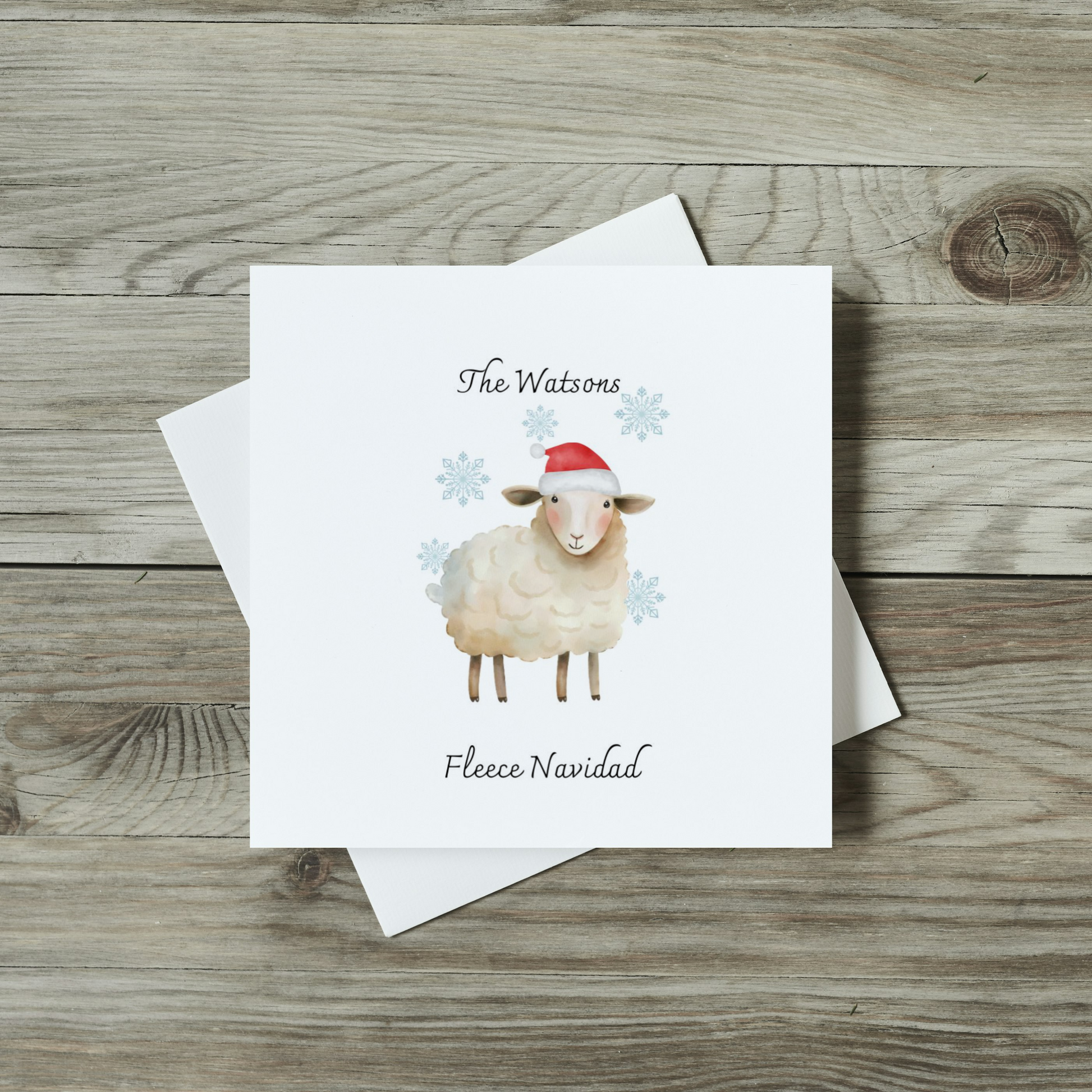 front of funny sheep christmas card, fleece navidad