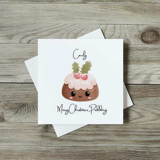 front of christmas card, watercolour cute christmas pudding with smiling face