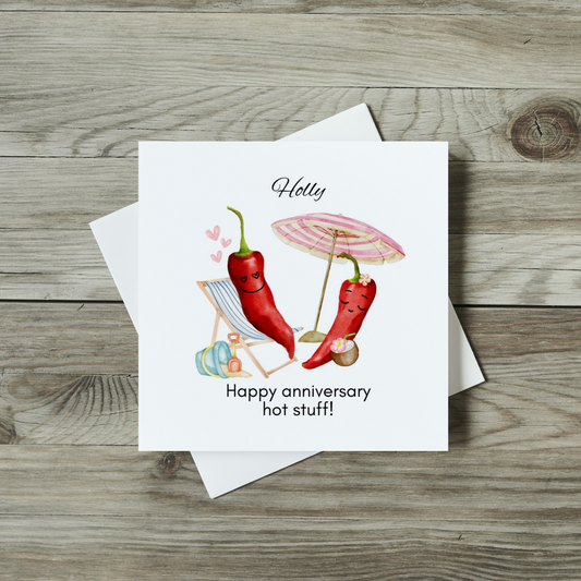 front of anniversary card with watercolour chilli peppers for hot stuff