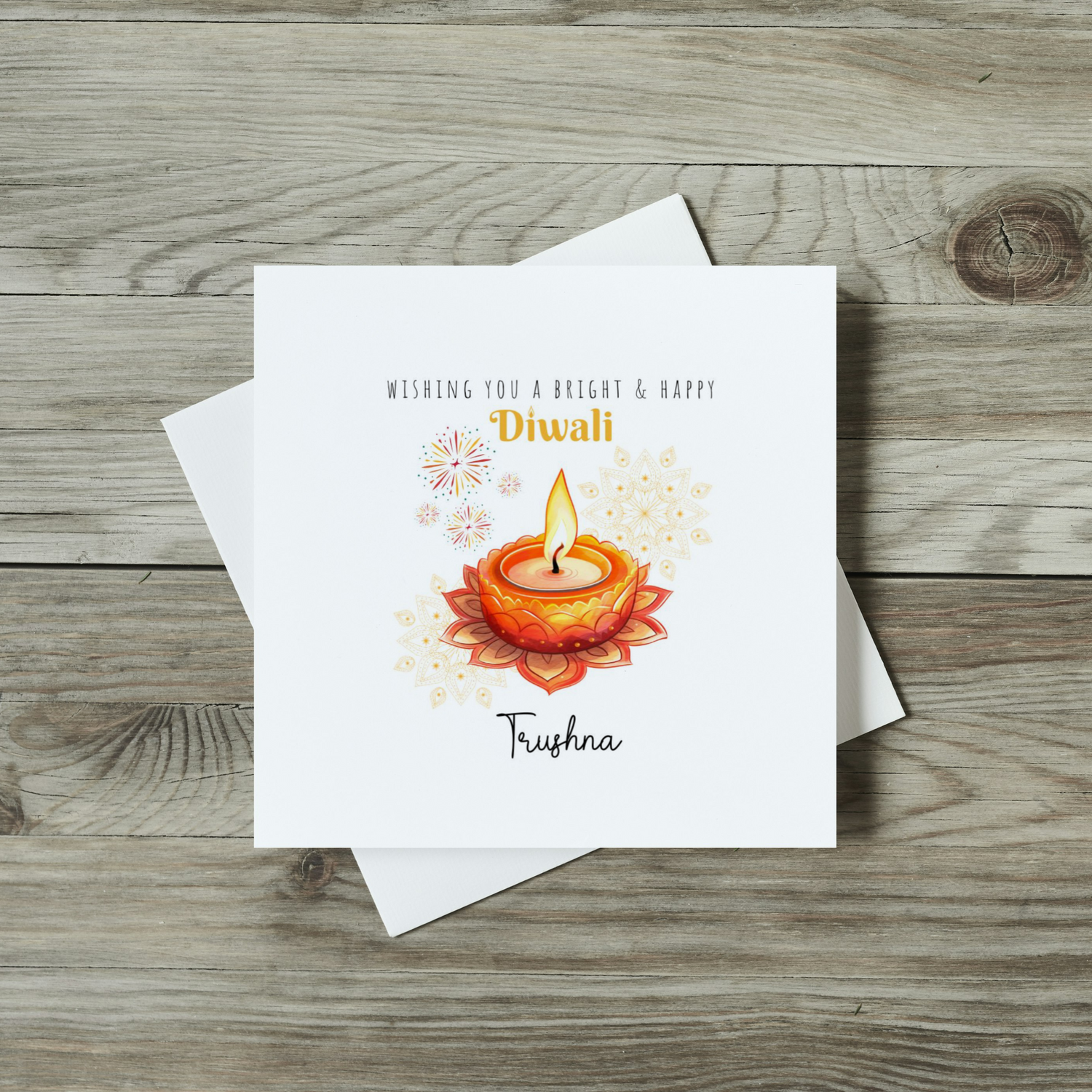 Front of diwali card with watercolour diwali candle, wishing you a bright and happy diwali