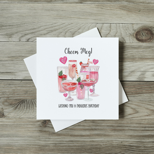 front of cheers birthday card with pink cocktails and pink hearts for a fabulous birthday