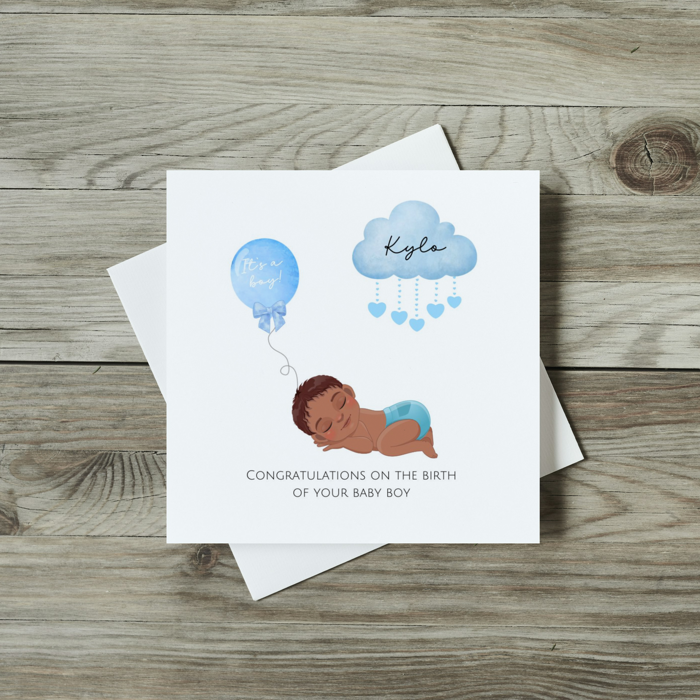 sleeping baby boy with blue balloon and cloud with rain hearts