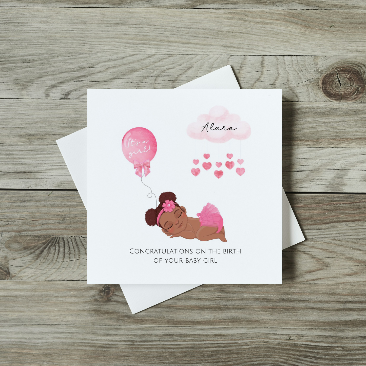 sleeping baby girl with pink balloonand pink cloud with raining hearts