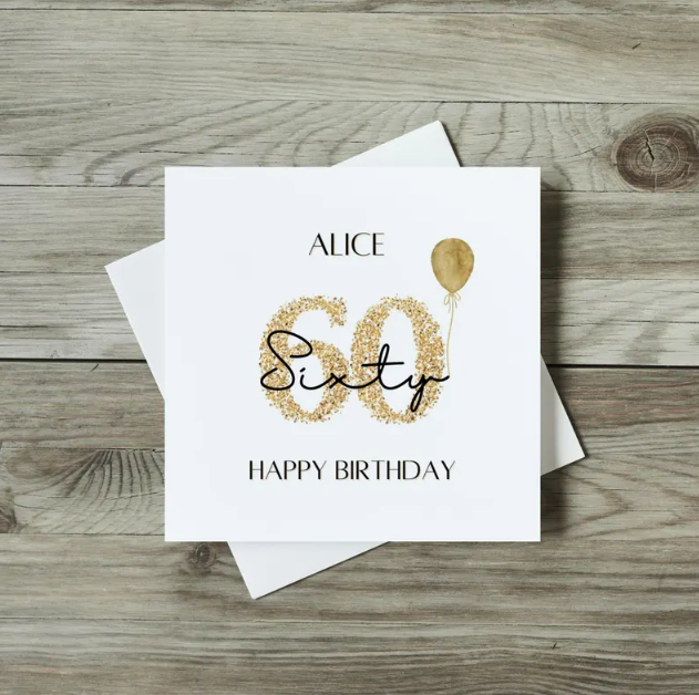 front of 60th birthday card with sparkly number and golden balloon