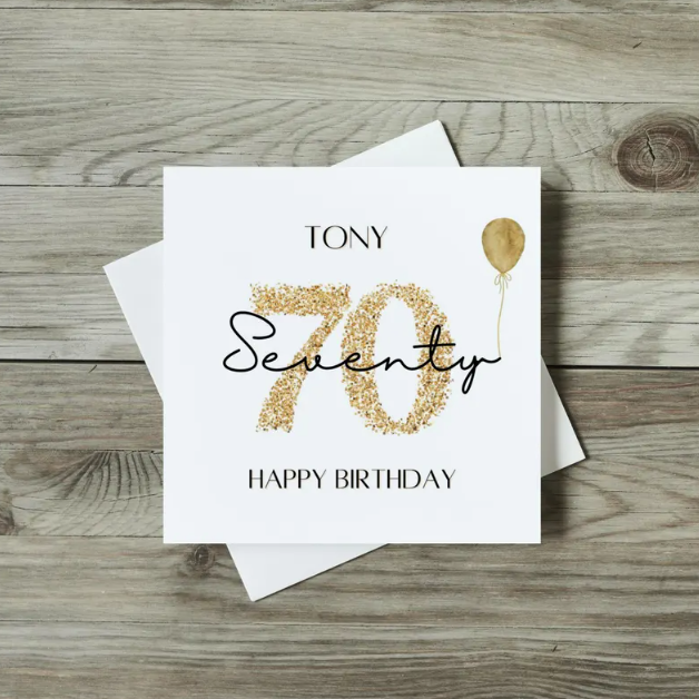 front of 70th birthday card with sparkly number and golden balloon