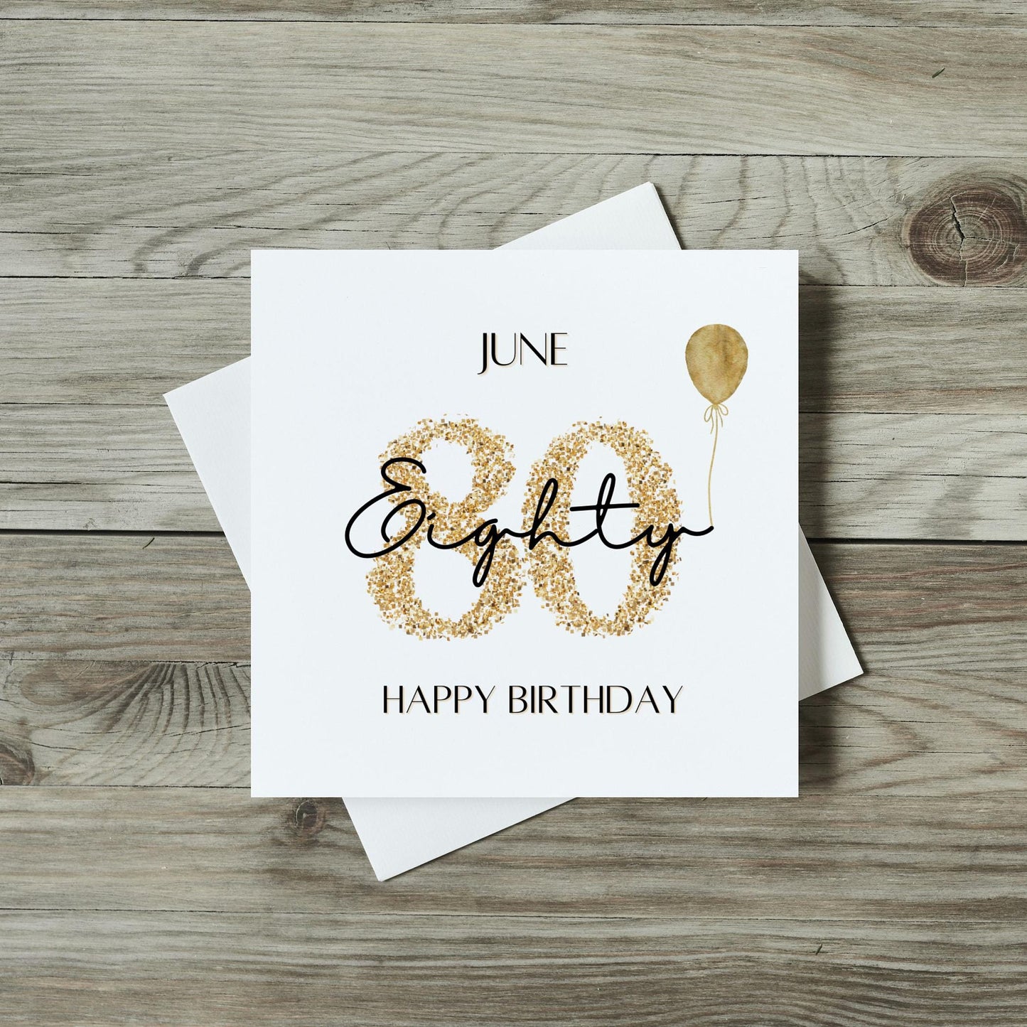 front of 80th birthday card with sparkly number and golden balloon