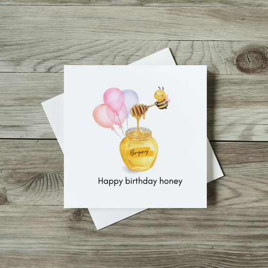 front of birthday card, watercolour honey jar and bumble bee