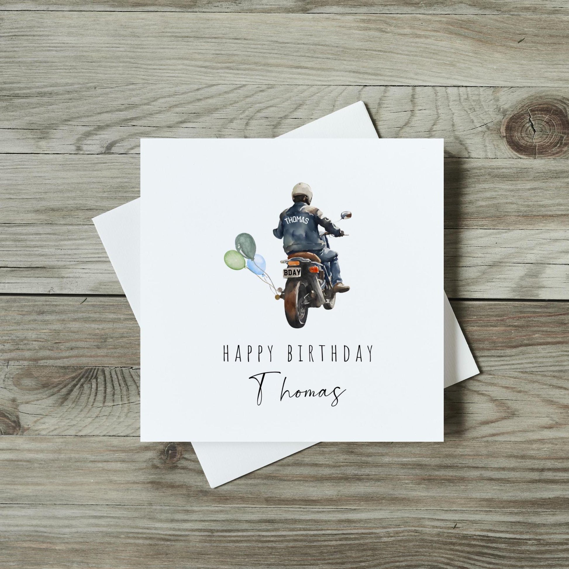 front of personalised motorbike birthday card, watercolour biker in leather jacket