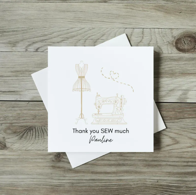 front of card, beige sewing machine thank you card