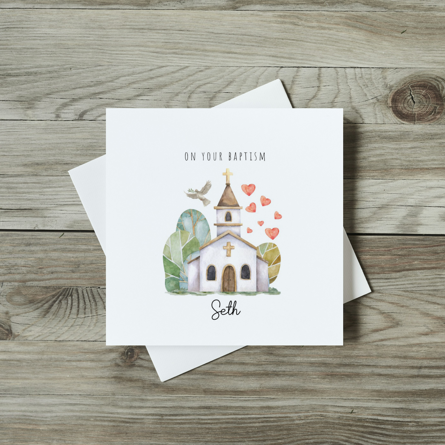 front of baptism card featuring watercolour church, dove and hearts on your baptism