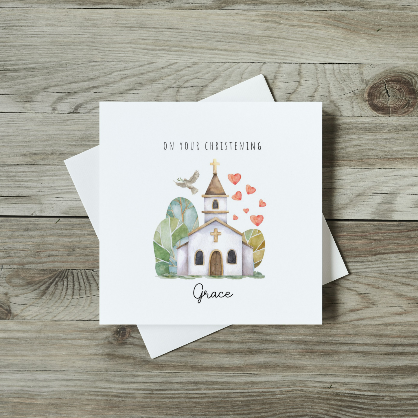 front of christening card featuring watercolour church, dove and hearts on your christening