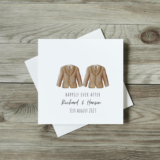 front of wedding day card, two groom suits for a gay wedding day