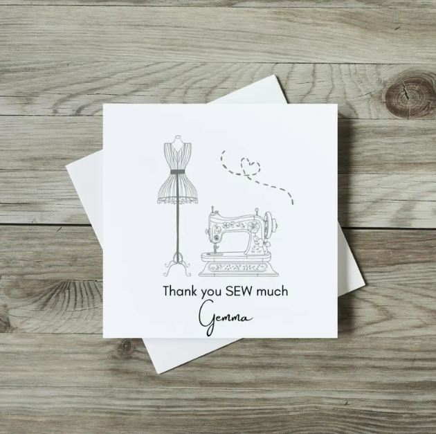 front of card, grey sewing machine thank you card