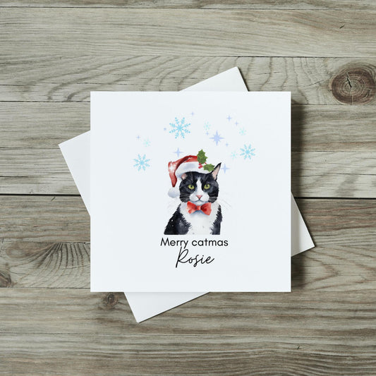 Personalised Christmas Card - Santa Black And White Cat