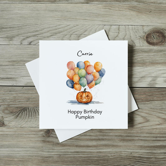 Personalised Autumnal Birthday Card - Pumpkin and Balloons