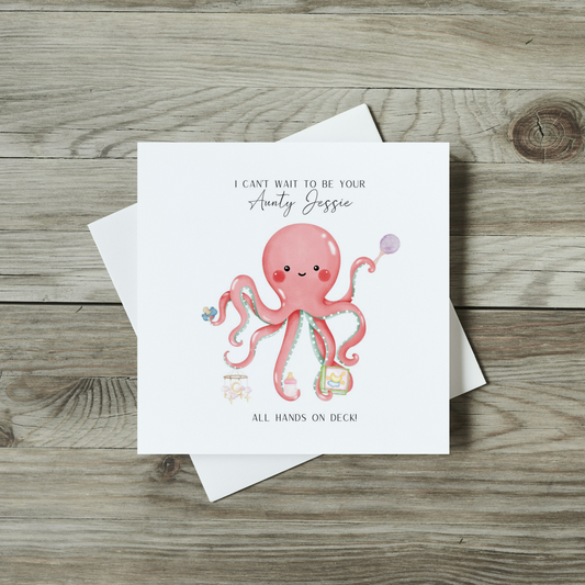 front of new baby card, watercolour octopus holding baby items for pregnancy announcement