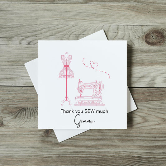 front of card, thank you sew much, pink sewing machine card