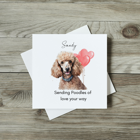 front of poodle card, watercolour poodle dog with love heart balloons