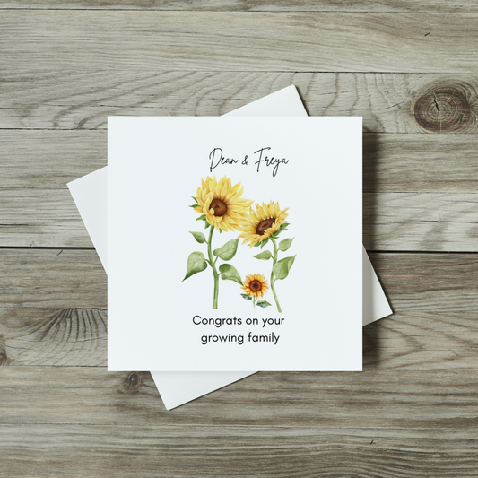 front of growing family card, watercolour sunflowers for new parents